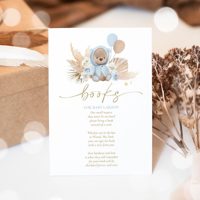 Boho Teddy Bear Blue Baby Shower Books For Baby  Enclosure Card (Creator Uploaded)