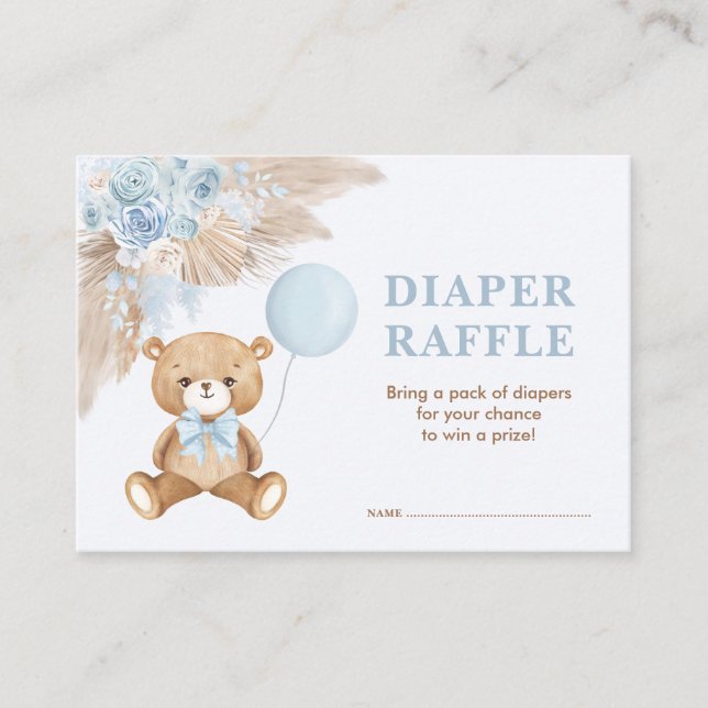 Boho Teddy Bear Blue Balloon Diaper Raffle Enclosure Card (Front)