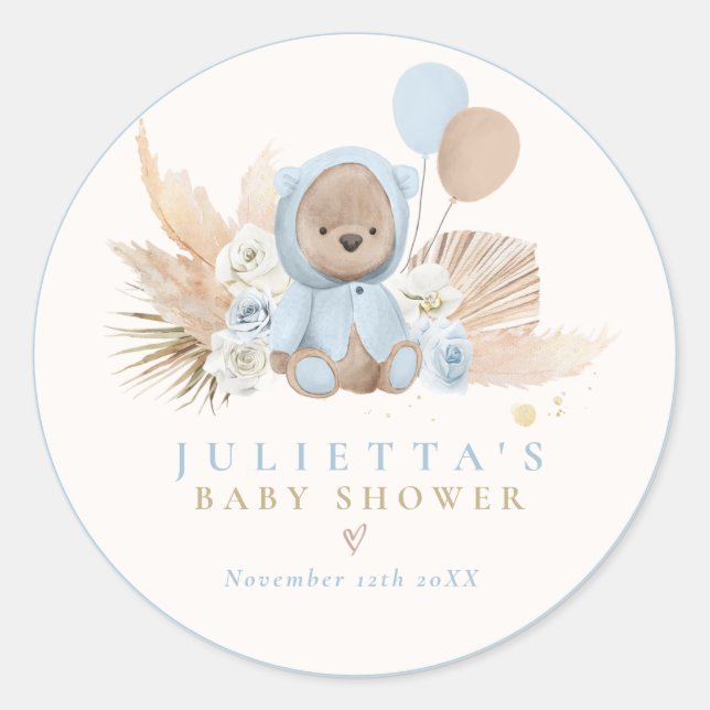 Boho Teddy Bear Blue Bearly Wait Baby Shower Classic Round Sticker (Front)