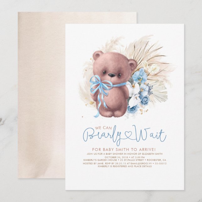 Boho Teddy Bear Blue Bearly Wait Boy Baby Shower Invitation (Front/Back)
