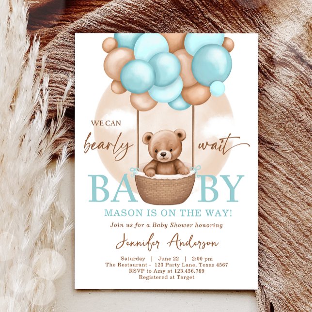 Boho Teddy Bear Blue Boy Bearly Wait Baby Shower  Invitation (Creator Uploaded)