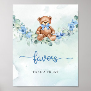 Boho Teddy bear blue floral eucalyptus favours Poster