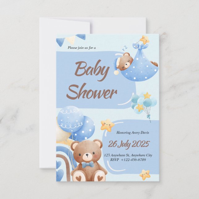 Boho Teddy Bear Boy Blue Baby Shower Invitation (Front)