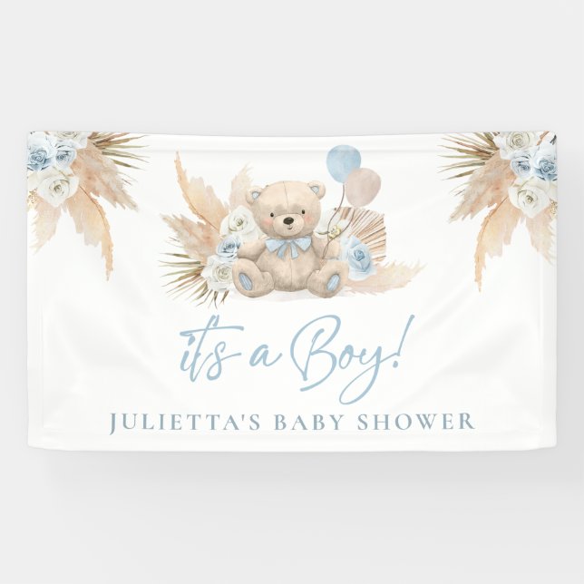Boho Teddy Bear Boy Blue Baby Shower Welcome Banner (Horizontal)