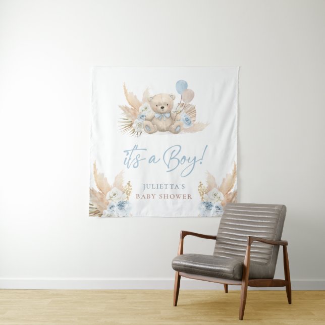 Boho Teddy Bear Boy Blue Baby Shower Welcome Sign Tapestry (In Situ (Horizontal))