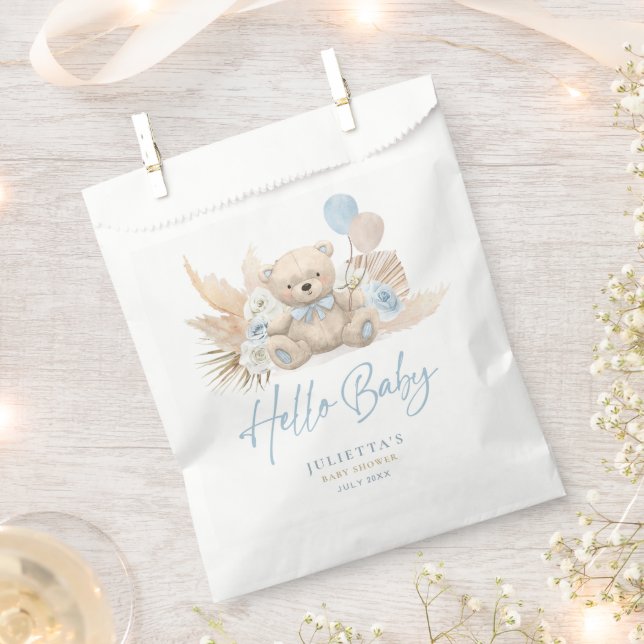 Boho Teddy Bear Boy Blue Bearly Wait Baby Shower Favour Bags (Clipped)