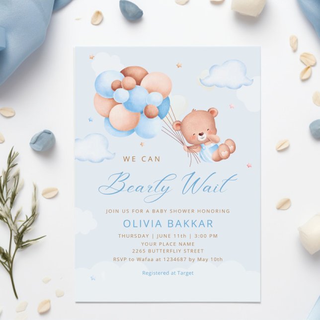 Boho Teddy Bear Boy Blue Bearly Wait Baby Shower I Invitation (Creator Uploaded)