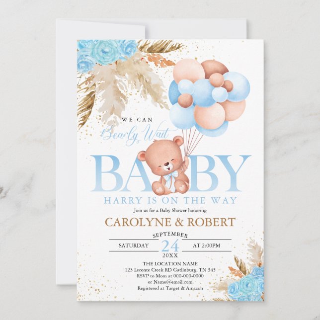 Boho Teddy Bear Boy Blue Bearly Wait Baby Shower Invitation (Front)
