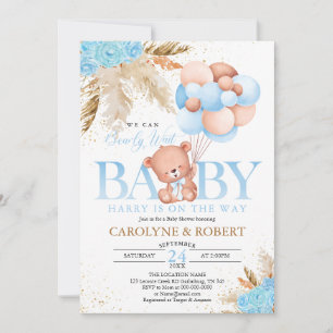 Boho Teddy Bear Boy Blue Bearly Wait Baby Shower Invitation