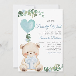 Boho Teddy Bear Boy Blue Bearly Wait Baby Shower  Invitation