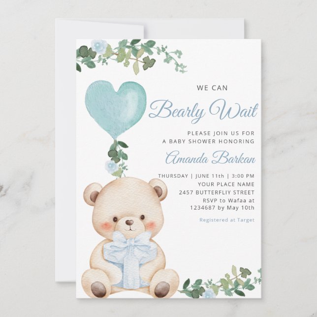 Boho Teddy Bear Boy Blue Bearly Wait Baby Shower  Invitation (Front)