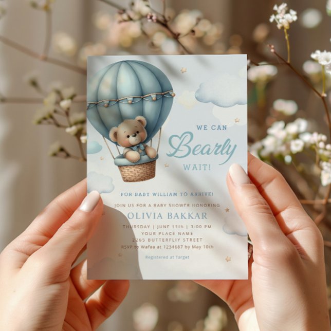 Boho Teddy Bear Boy Blue Bearly Wait Baby Shower Invitation (Creator Uploaded)