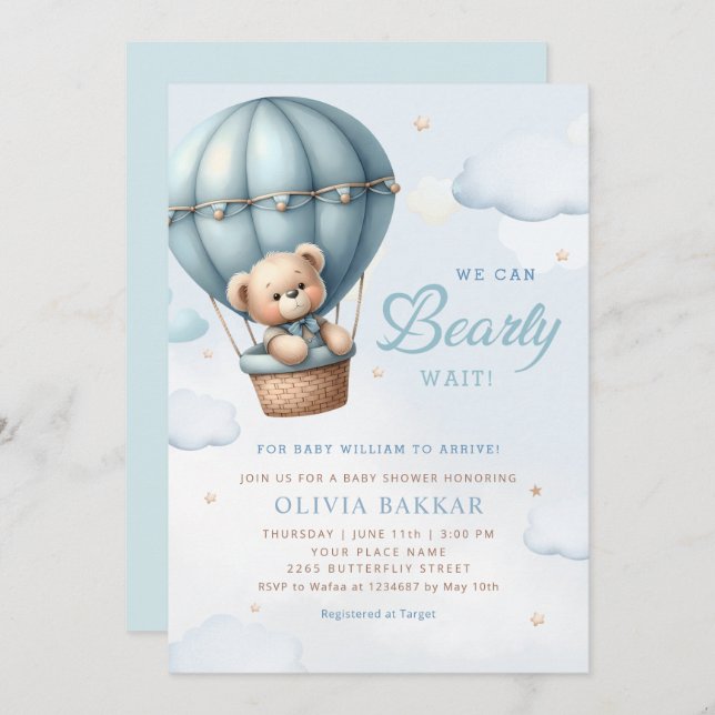 Boho Teddy Bear Boy Blue Bearly Wait Baby Shower Invitation (Front/Back)
