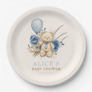 Boho Teddy Bear Boy Blue Bearly Wait Baby Shower Paper Plate