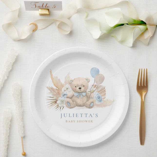 Boho Teddy Bear Boy Blue Bearly Wait Baby Shower Paper Plate (Wedding)