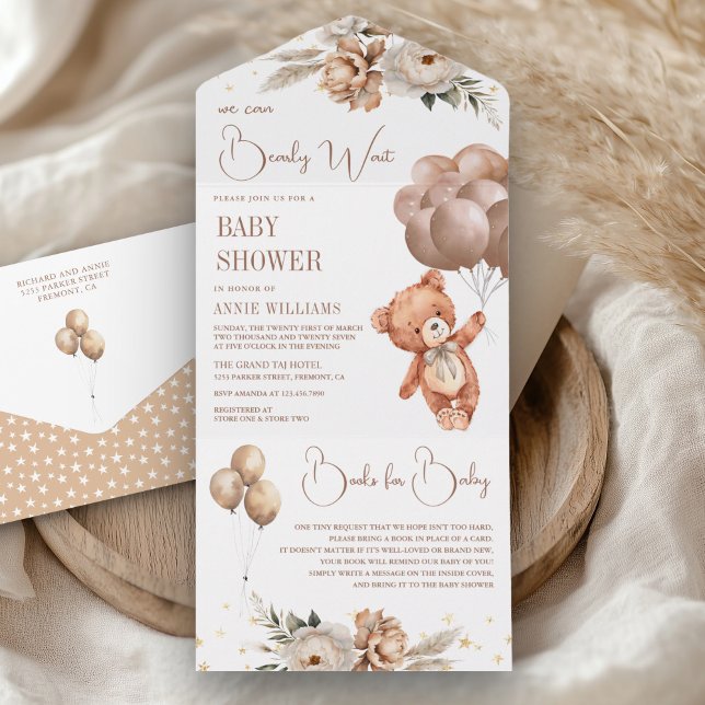 Boho Teddy Bear Brown Balloons Floral Baby Shower All In One Invitation (Creator Uploaded)