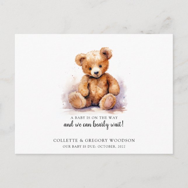 Boho Teddy Bear Brown Green Bearly Wait Pregnancy Announcement Postcard (Front)