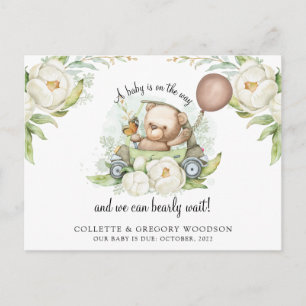 Boho Teddy Bear Brown Sage Green Bearly Wait  Announcement Postcard