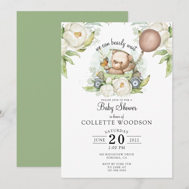Boho Teddy Bear Brown Sage Green Bearly Wait Invit Invitation (Front/Back)