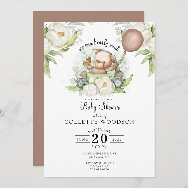 Boho Teddy Bear Brown Sage Green Bearly Wait Invit Invitation (Front/Back)