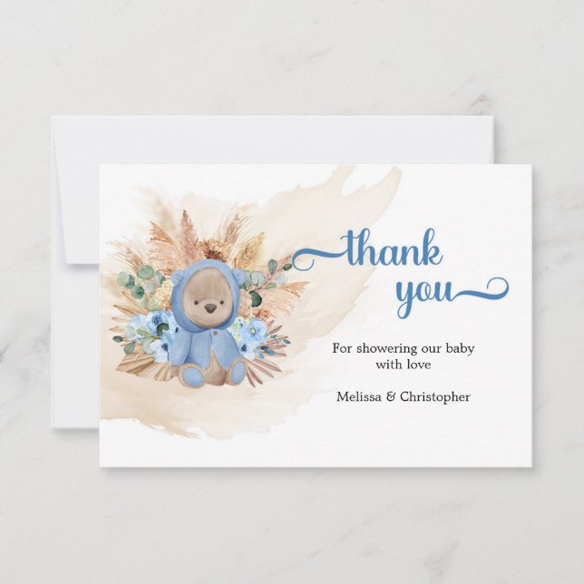 Boho teddy bear dried palm blue flowers thank you card (Front)
