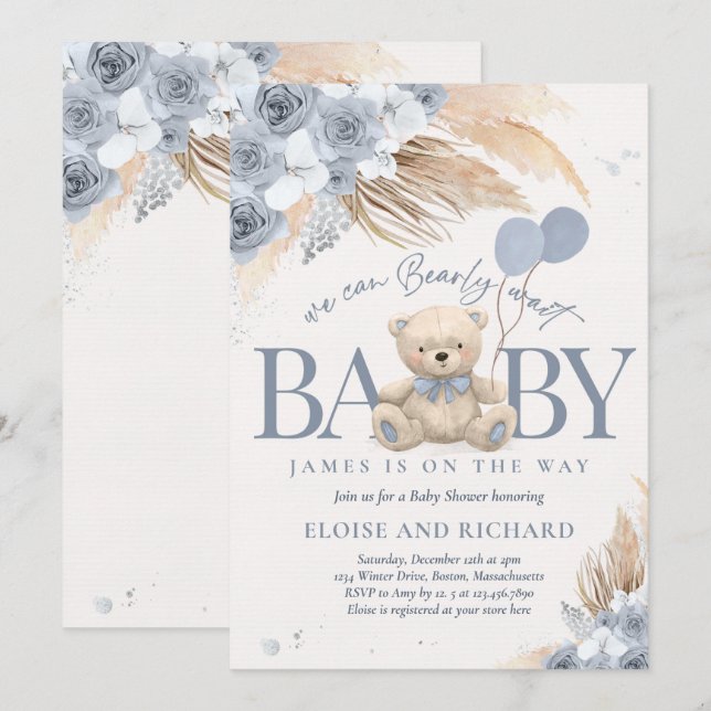 Boho Teddy Bear Dusty Blue Bearly Wait Baby Shower Invitation (Front/Back)