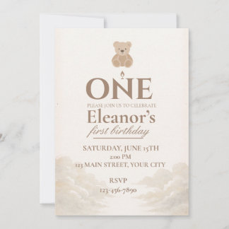 Boho Teddy Bear First Birthday Invitation