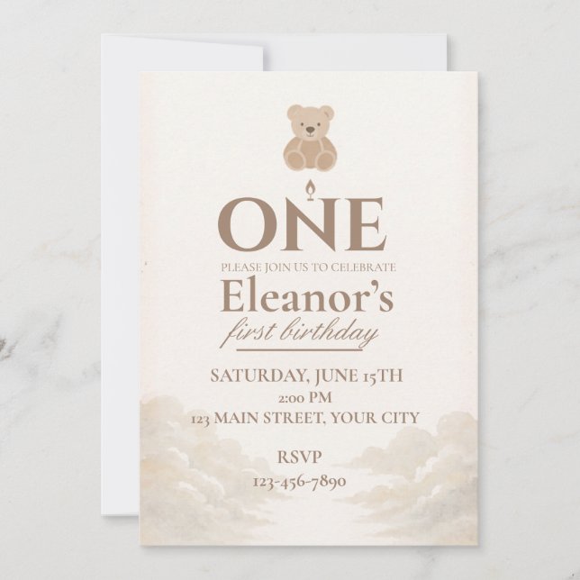Boho Teddy Bear First Birthday Invitation (Front)