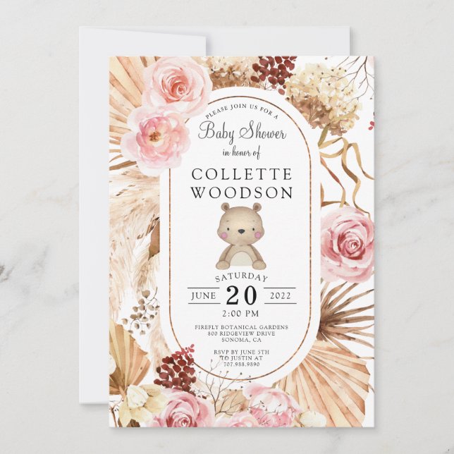 Boho Teddy Bear Floral Pink & Palmetto Baby Shower Invitation (Front)