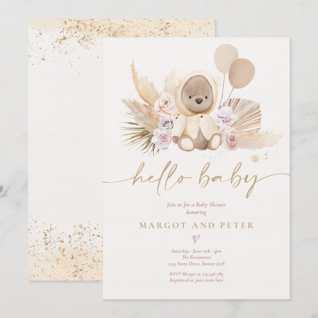 Boho Teddy Bear Gender Neutral Bear Baby Shower Invitation (Front/Back)