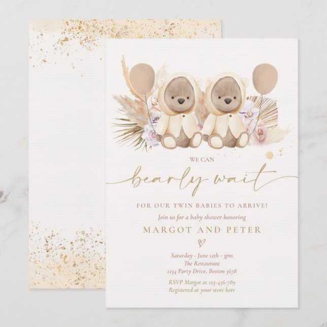 Boho Teddy Bear Gender Neutral Twin Baby Shower Invitation (Front/Back)