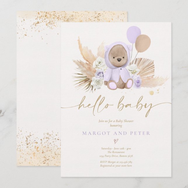 Boho Teddy Bear Girl Lilac Bearly Wait Baby Shower Invitation (Front/Back)