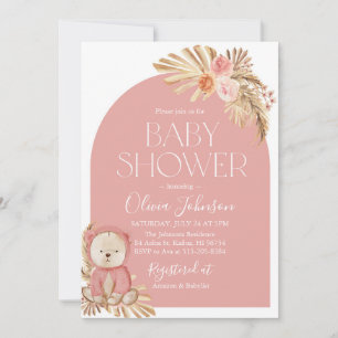  Boho Teddy Bear Girl Pink Baby Shower Invitation