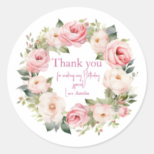 Boho Teddy Bear Girl Pink Bear Floral Birthday  Classic Round Sticker