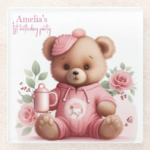 Boho Teddy Bear Girl Pink Bear Floral Birthday Glass Coaster