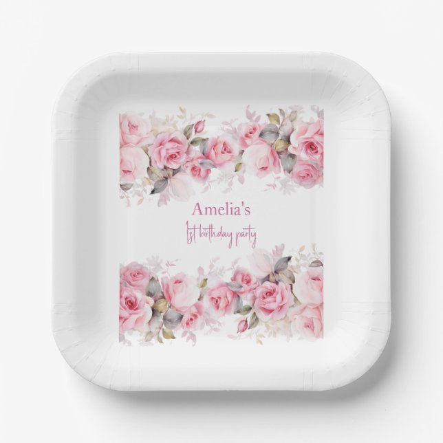 Boho Teddy Bear Girl Pink Bear Floral Birthday  Paper Plate (Front)