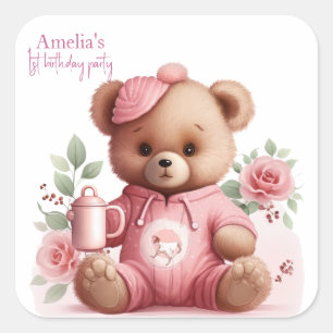 Boho Teddy Bear Girl Pink Bear Floral Birthday  Square Sticker
