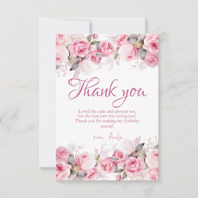 Boho Teddy Bear Girl Pink Bear Floral Birthday  Thank You Card (Front)