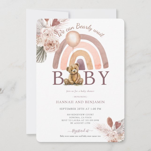 Boho Teddy Bear Girl Pink Bearly Wait Baby Shower  Invitation (Front)