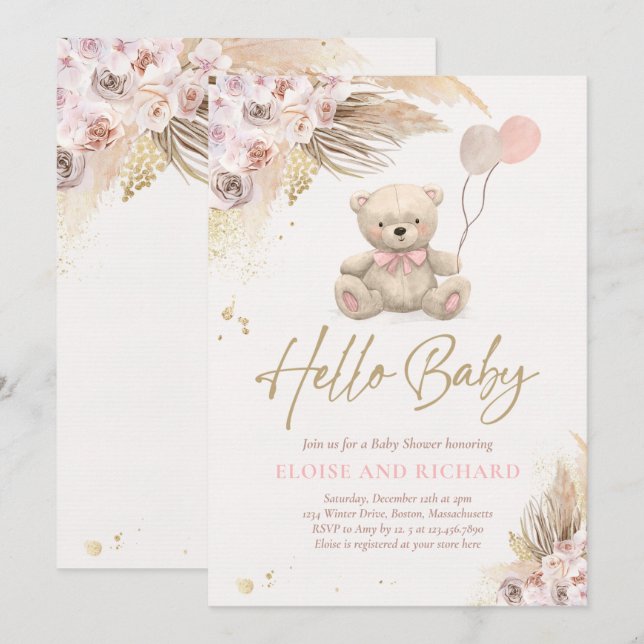 Boho Teddy Bear Girl Pink Bearly Wait Baby Shower Invitation (Front/Back)