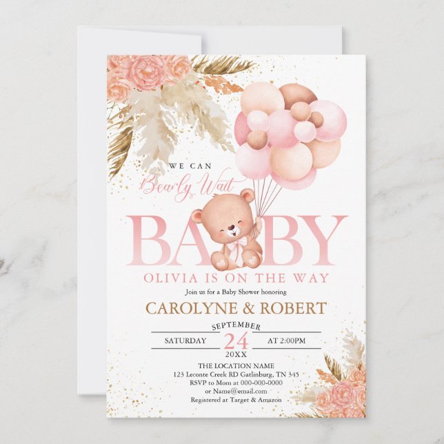 Boho Teddy Bear Girl Pink Bearly Wait Baby Shower Invitation (Front)