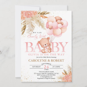 Boho Teddy Bear Girl Pink Bearly Wait Baby Shower Invitation