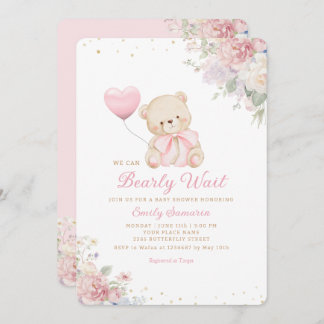 Boho Teddy Bear Girl Pink Bearly Wait Baby Shower Invitation