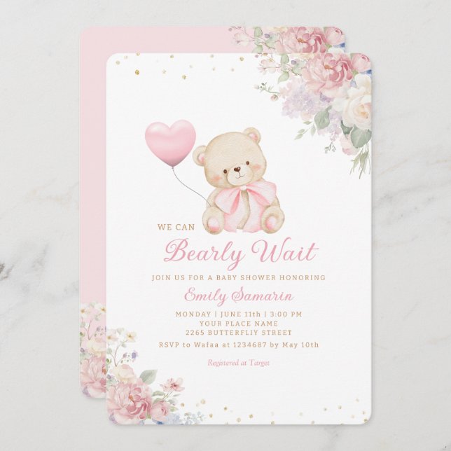 Boho Teddy Bear Girl Pink Bearly Wait Baby Shower Invitation (Front/Back)