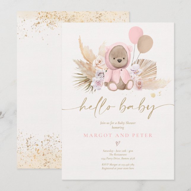 Boho Teddy Bear Girl Pink Bearly Wait Baby Shower Invitation (Front/Back)
