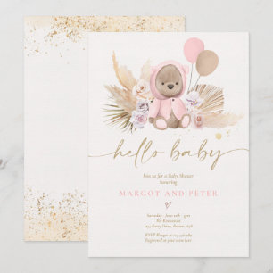 Boho Teddy Bear Girl Pink Bearly Wait Baby Shower Invitation