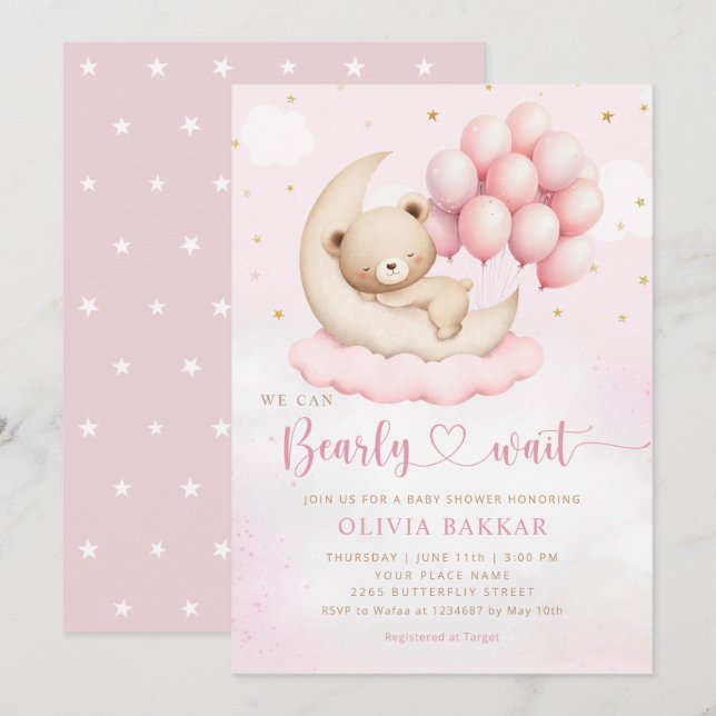 Boho Teddy Bear Girl Pink Bearly Wait Baby Shower Invitation (Front/Back)