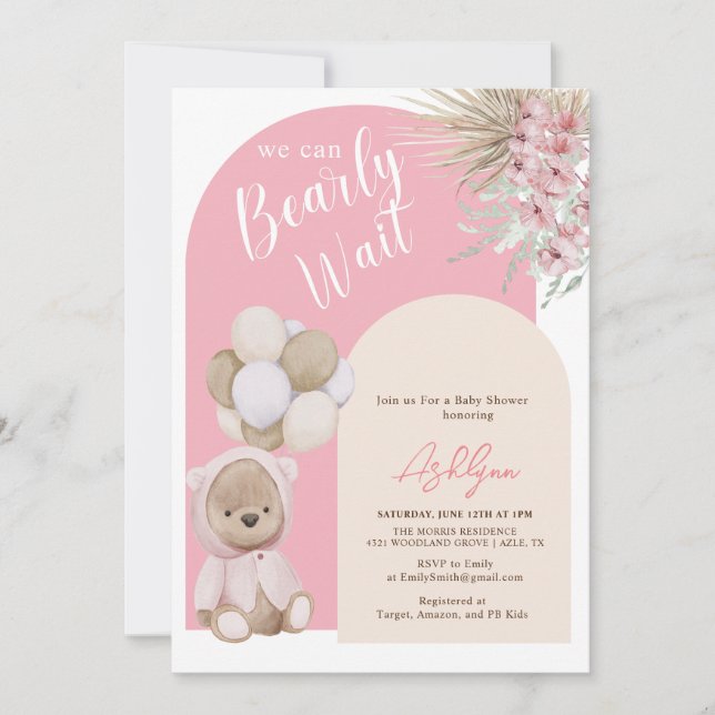 Boho Teddy Bear Girl  Pink Bearly Wait Baby Shower Invitation (Front)