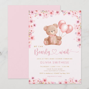Boho Teddy Bear Girl Pink Bearly Wait Baby Shower Invitation