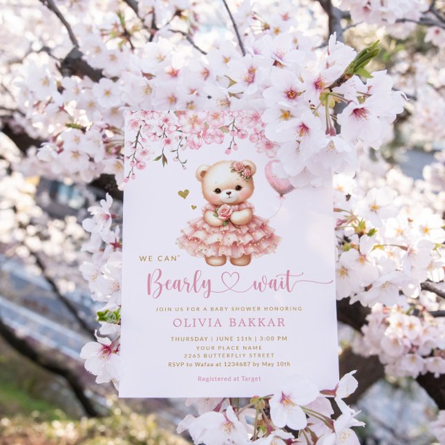 Boho Teddy Bear Girl Pink Bearly Wait Baby Shower Invitation (Creator Uploaded)